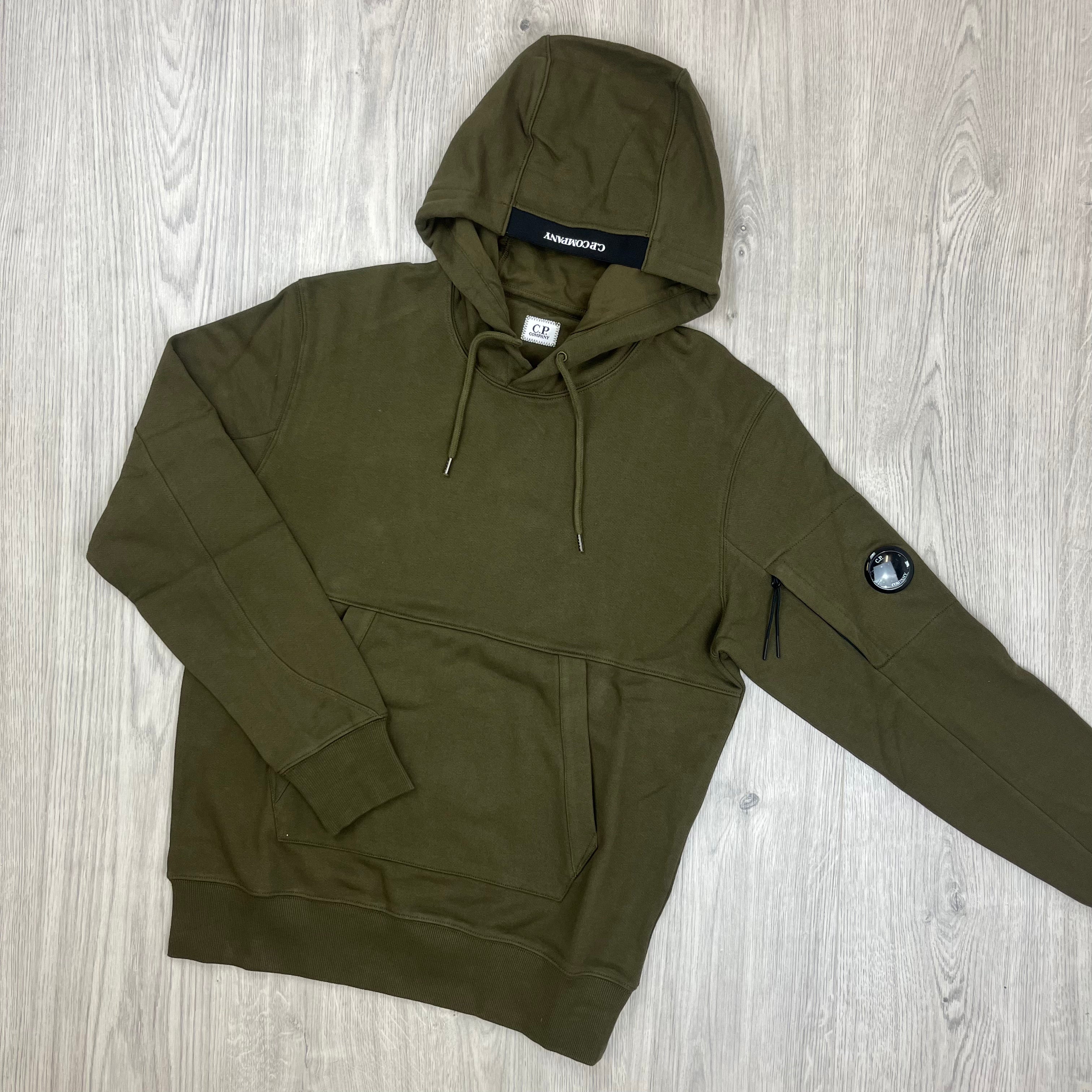 Men's CP Company Raised Fleece Hoodie in Ivy Green. On sale at Open Attire.