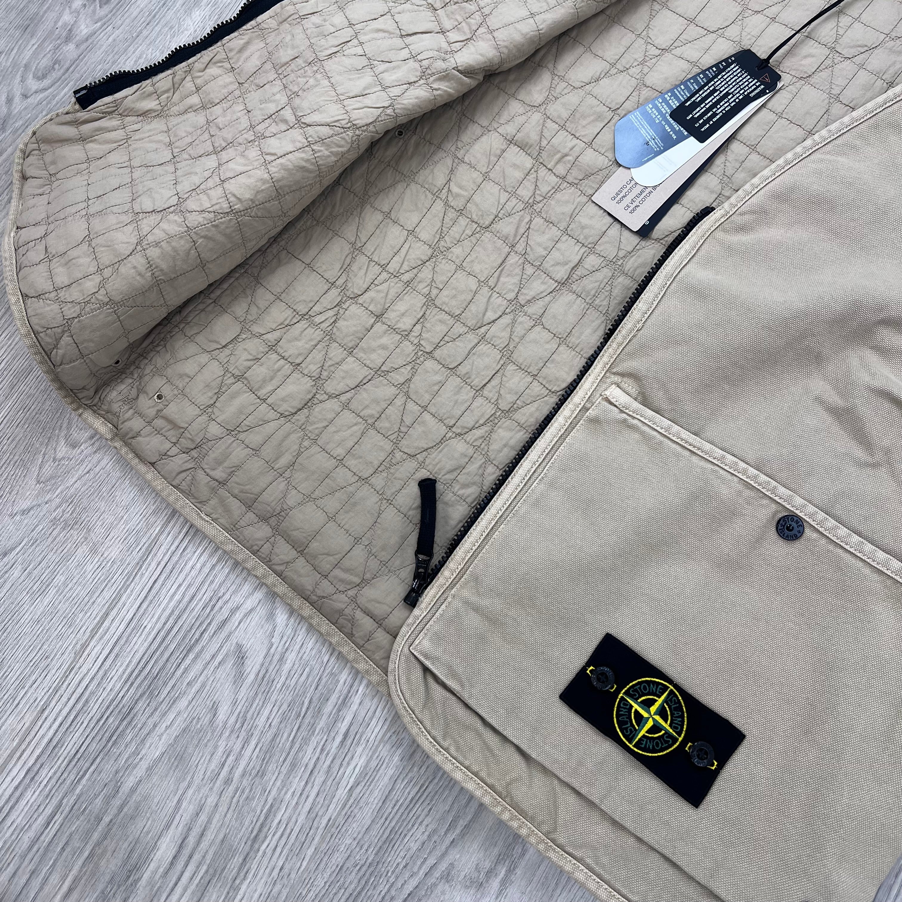 Stone Island Organic Panama Cotton 'Old' Effect Multi-Pocket Vest in Desert - PrimaLoft padding.