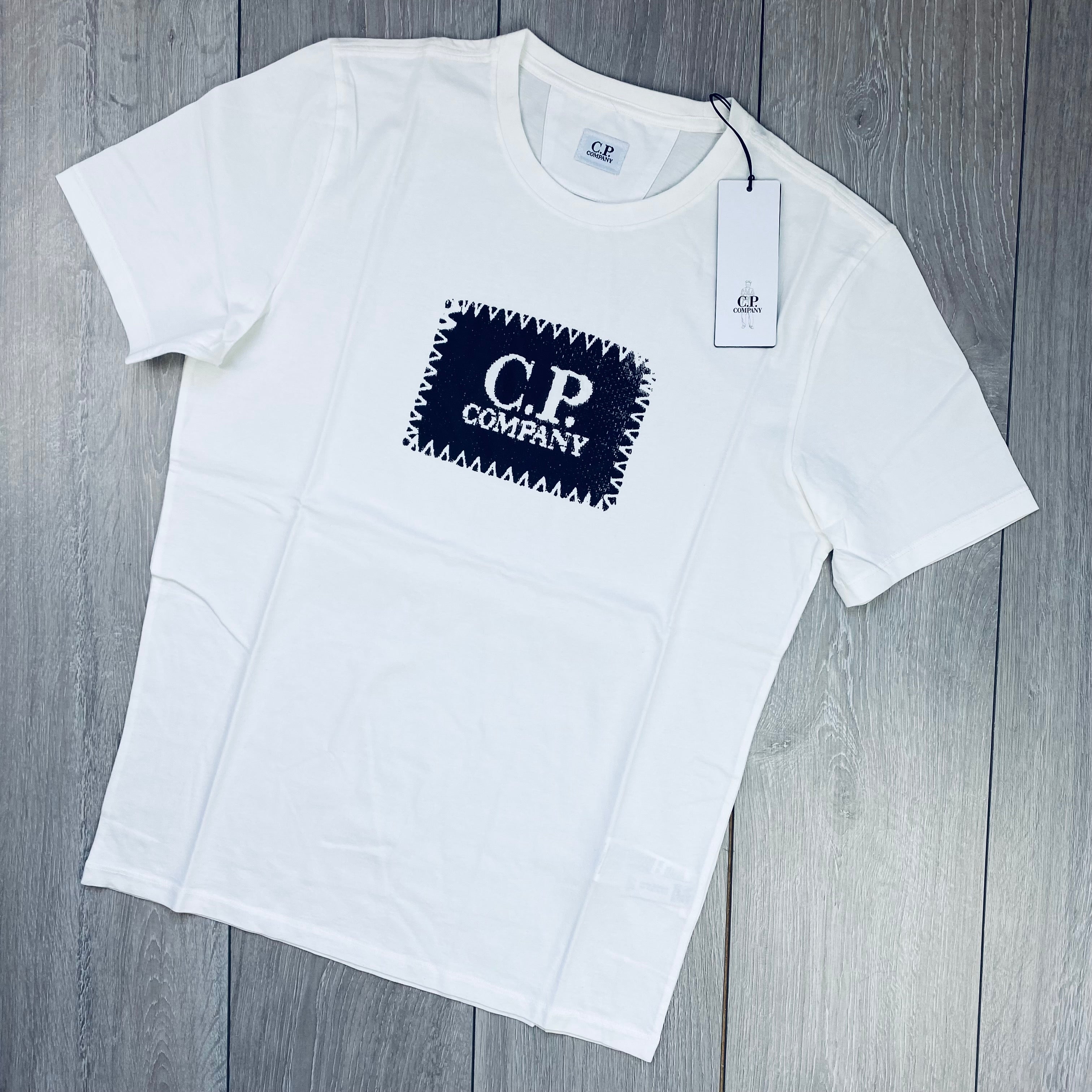 Men's CP Company Stamp T-Shirt in Gauze White. On sale at Open Attire.